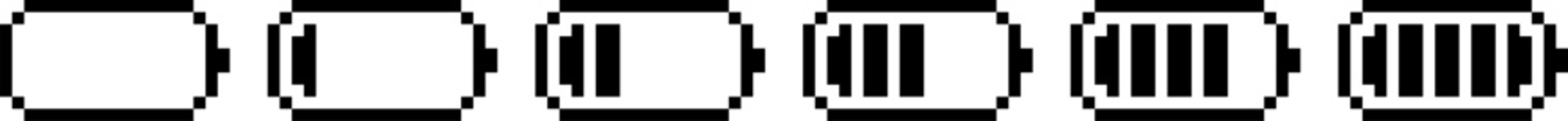 Battery charge indicator icons showing power level status pixel art design