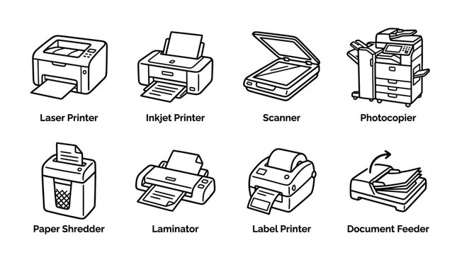 Office Equipment Icons: Laser Printer, Inkjet Printer, Scanner, Copier, Shredder, Laminator, Label Printer, Document Feeder