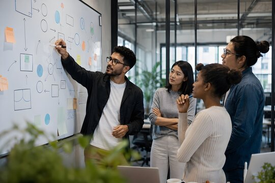 Diverse Business Team Brainstorming Strategy on Whiteboard in Modern Office