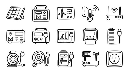 Smart Home Technology Icons: Solar Panel, Power Bank, Wind Turbine, Thermometer, Router © keenan