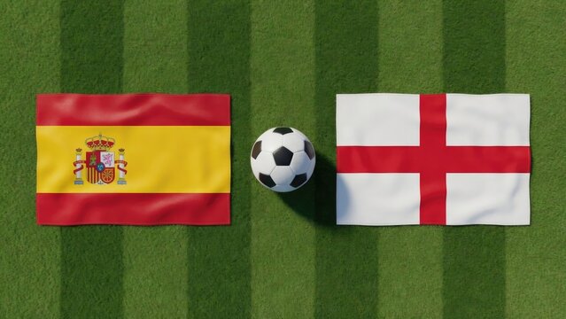 Flags of Spain and England on green grass, soccer ball in center, sports rivalry