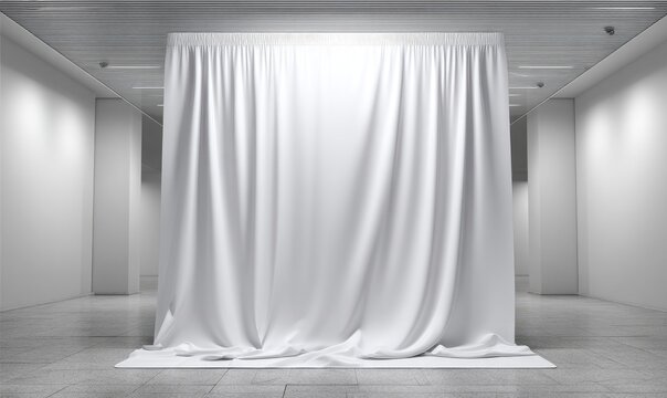 Minimalist art gallery. White cloth covers a central form, lit from above, in a long corridor