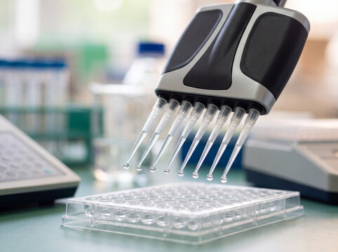 Multi-channel pipette dispensing liquid droplets into a microplate in a laboratory setting