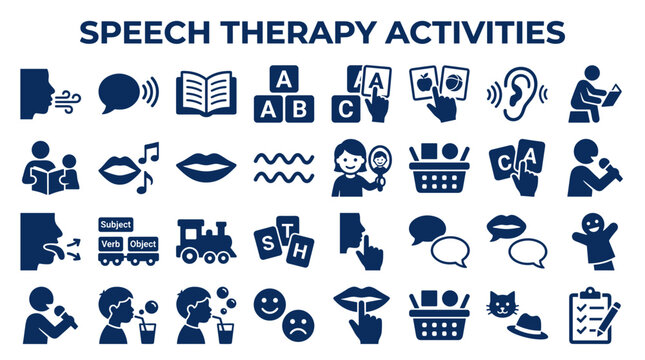 Speech therapy activities and exercises for children and adults helping communication and language development with visual aids and icons