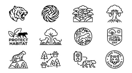 Fototapeta premium Tiger Conservation Icons: Wildlife Protection, Habitat, Global Tiger Day, Endangered Species