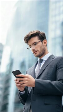A man in a suit using his smartphone while walking outdoors during the day.
