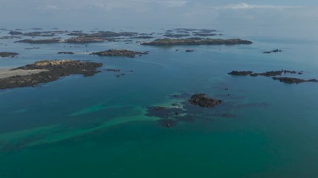Aerial view of the wild Chausey archipelago and its rocks, Normandy, France