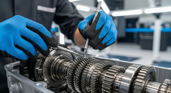Mechanic in blue gloves assembling a complex automotive transmission or gearbox with precision tools.