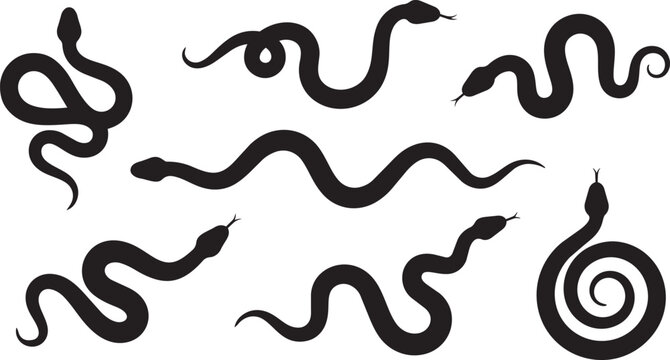 Snake icon collection. Curved serpent silhouettes and reptile symbols. Wildlife nature design element. Clean vector illustration