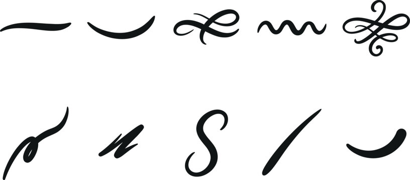 Set of abstract ink calligraphy strokes and decorative swirls with hand drawn