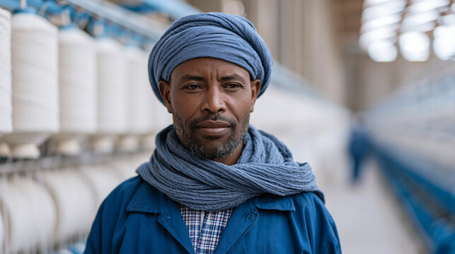 Ethiopian textile mill worker monitoring industrial spinning frames along a vast factory aisle, overcast sky through clerestory windows, East Africa garment sector, factory floor