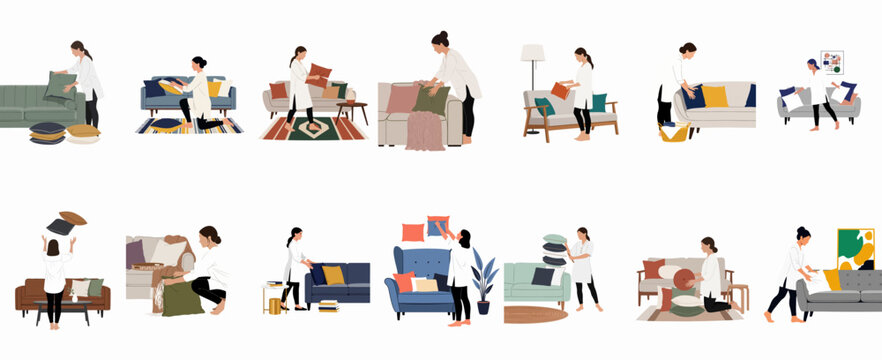 Collection of flat illustrations showing a woman decorating and arranging colorful cushions on modern sofas and armchairs in minimalist living room settings.