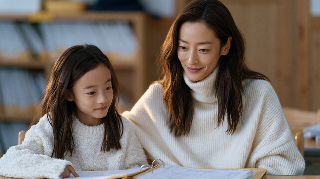 Korean special education teacher seated beside student reviewing personalized IEP learning plan binder, quiet resource room, Seoul elementary school, learning disability support,