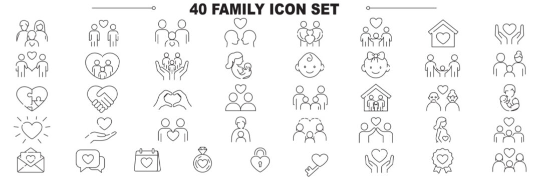 Modern family relationships icon set. Thin line vector illustration icons with editable stroke. Love, marriage, parenting, childhood, elderly care, emotional connection, conflict, and family support