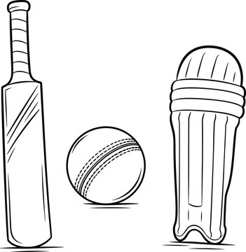 Cricket Bat Ball and Wicket Line Art Vector Illustration Sports Equipment Set.