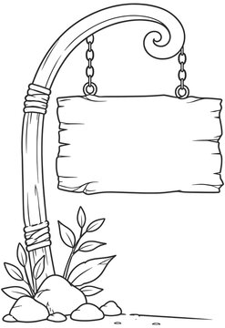 Rustic Wooden Hanging Signboard Line Art Vector Illustration Garden Welcome Board.