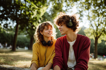 Fototapeta premium Friends sharing headphones and music in a park, enjoying a harmonious moment. 