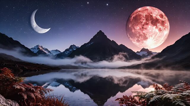 Surreal moonlit mountain lake scene with red moon and crescent moon