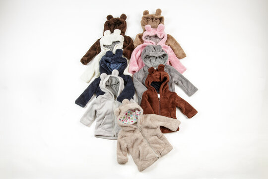 Collection of Soft Fleece Baby Hoodies with Bear Ears in Assorted Colors on White Background, Cozy Infant Winter Outerwear and Apparel