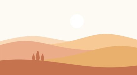 Naklejka premium Modern Minimal Desert Landscape Background with Layered Mountains, Sun and Earth Tone Colors, Flat Vector Illustration, EPS 10