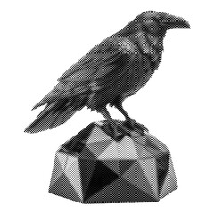 Obraz premium Halftone black raven perched on geometric crystal. This retro dot pattern design shows a spooky crow on a low poly stone. Gothic horror vector art for Halloween.