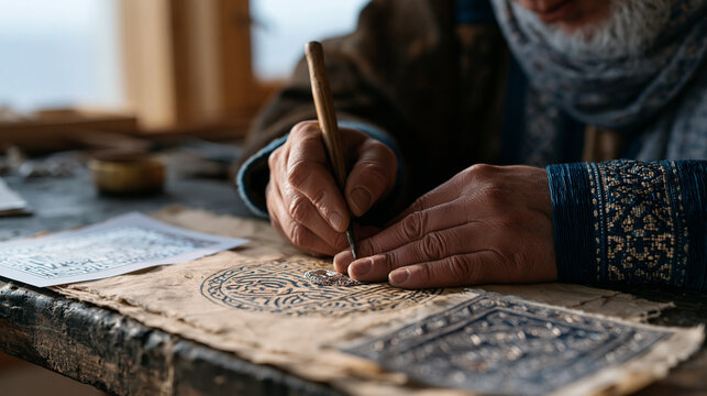 Sami silver jewelry artisan at a workbench engraving a traditional brooch with a fine burin, reference patterns pinned nearby, Scandinavian indigenous metalwork, heritage craft,