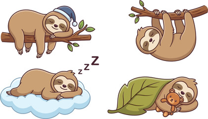 Fototapeta premium Adorable Collection of Lazy Cartoon Sloth Characters in Various Relaxed Sleeping Poses Set Isolated on a Clean White Background Perfect for Children Illustration and Graphic Design Projects.