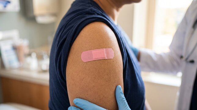 Close-up of person's upper arm with a pink adhesive bandage, vaccination, medical treatment, healthcare, injury recovery, patient care, wellness, medical concept, premium healthcare photography