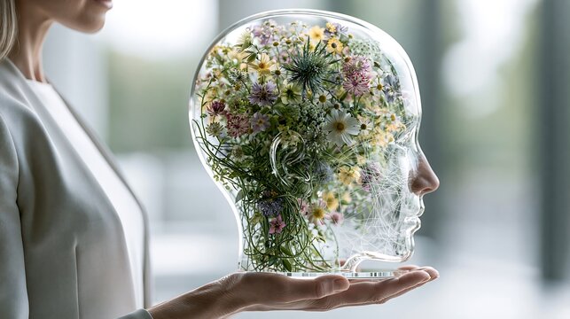 Close-Up of a Woman Holding a Translucent Glass Human Head Filled with Blooming Colorful Wildflowers - Mental Health, Positive Psychology, and Inner Growth Concept.