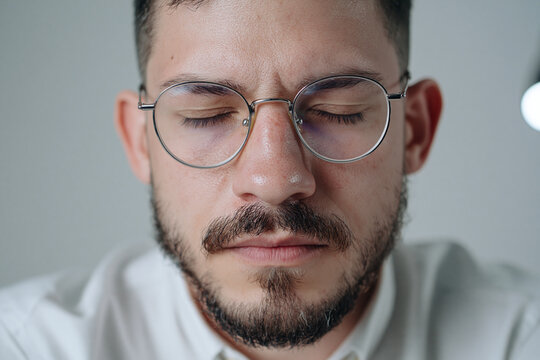 Young man with closed eyes wearing round glasses and beard in neutral office lighting, portrait conveying focus and calm expression