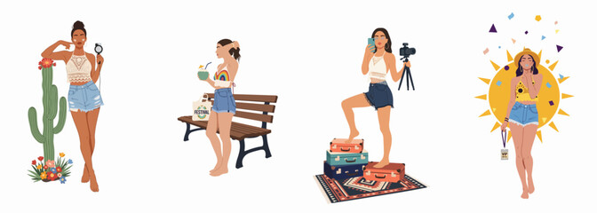Set of illustrated young women in stylish summer outfits and boho festival attire, featuring influencer, travel, and vacation themes on white background. © Putri