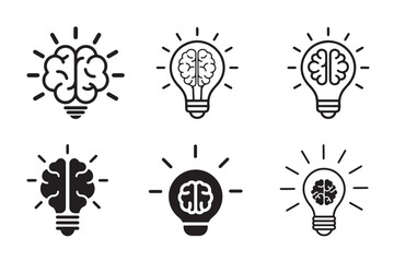 Brain in light bulb icon set. Creative intelligence and idea icon set with brain inside light bulb. Creative, generating idea, solution , knowledge, lamp vector. Idea and creativity icon collection. © ISATON