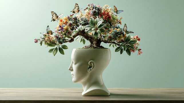 Profile View of a White Ceramic Human Head Planter Filled with a Blooming Bonsai Tree, Colorful Flowers, and Butterflies - Mental Health, Mindfulness, and Psychological Growth Concept.