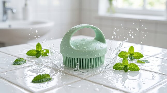 Mint green cleaning tool splashing water droplets with fresh mint leaves on tabletop