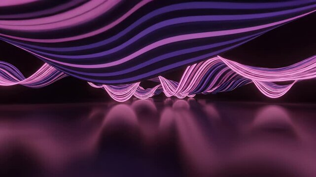 Swirling ribbons of purple and pink light undulate against a dark background, reflecting below