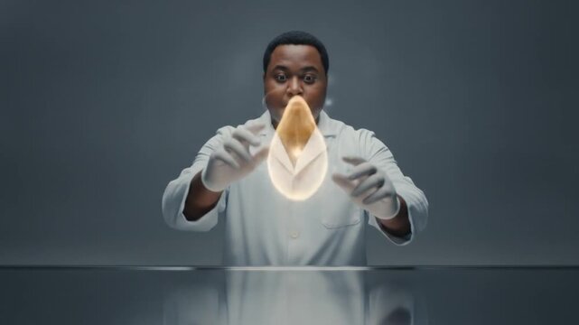 A scientist in a white coat carefully manipulates a glowing, translucent drop-shaped hologram in a dark, high-tech laboratory, his expressions shifting from focus to amazement.
