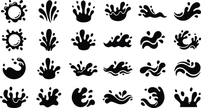 Black water splash and ocean wave icon collection featuring droplets, ripples, liquid crowns, swirls and dynamic spray silhouettes isolated on white for logos and graphic design.