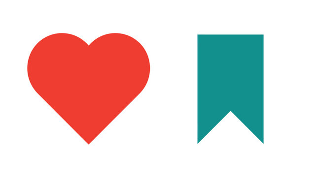 Minimalist red heart icon and teal bookmark tag symbol with bookmark minimalist elements favorite isolated collection application interface template