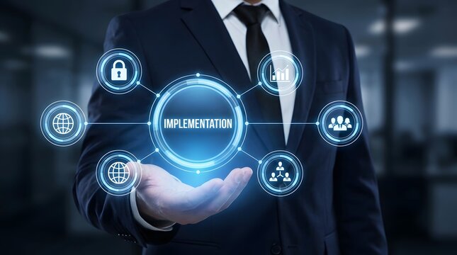 Technology implementation strategy business solutions with data security team collaboration concepts