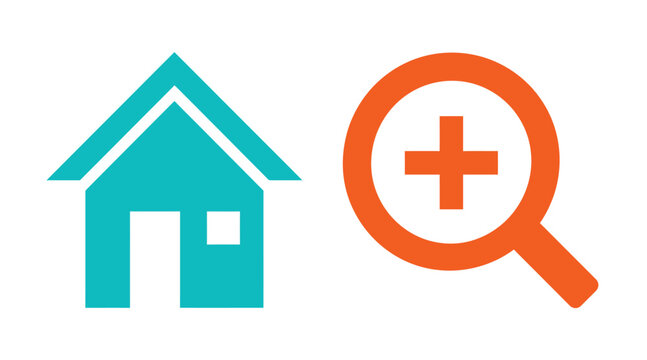 Real estate house icon and magnifying glass search symbol with magnifying property business interface research location building residential discovery marketing