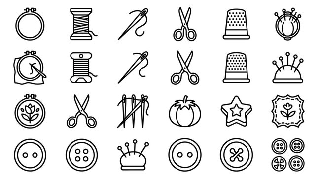 Sewing and Crafting Icons: Needles, Threads, Scissors, Thimbles, Buttons, Embroidery Hoop