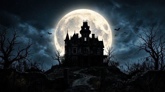 Haunted house silhouette with a large full moon in a dark night sky