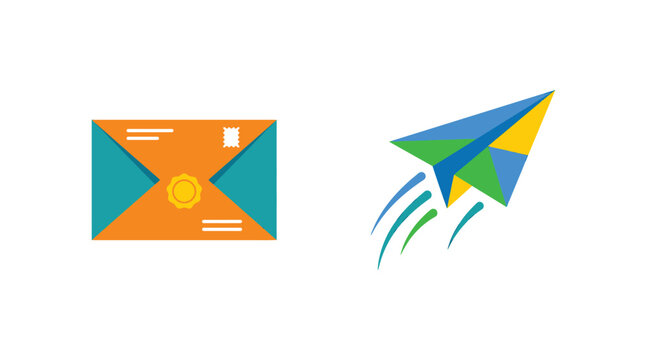 Colorful mail envelope and paper airplane launch icons with envelope communication business transport creative isolated collection direction