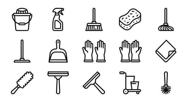 Cleaning supplies icons set: bucket, spray bottle, broom, mop, sponge, gloves, dustpan, squeegee