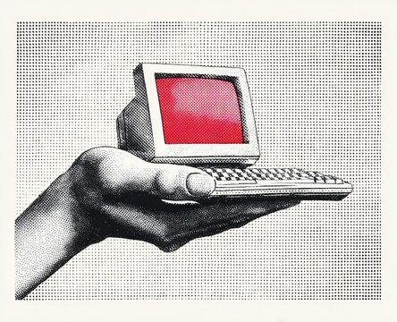 Hand holds vintage computer with bright red screen against textured background