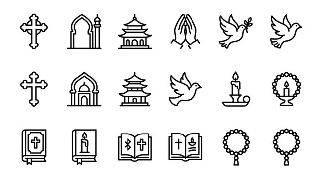 Religion Symbols Icons: Cross, Mosque, Pagoda, Praying Hands, Dove, Candle, Bible, Rosary