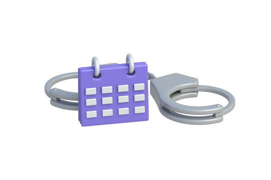 Court hearing deadlines. Criminal justice procedure schedule. Arrest period. Final prison term. Handcuffs near a calendar isolated on white background. 3d render