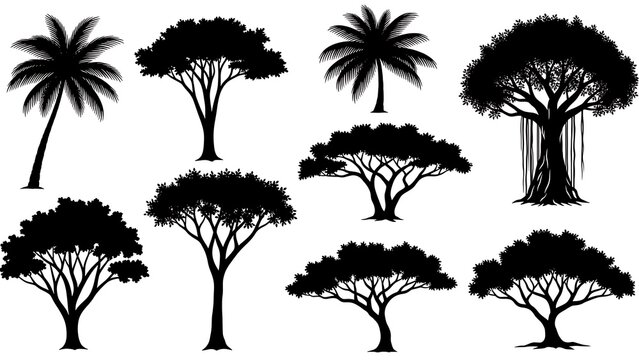 Diverse silhouettes of tropical palm trees against sky.