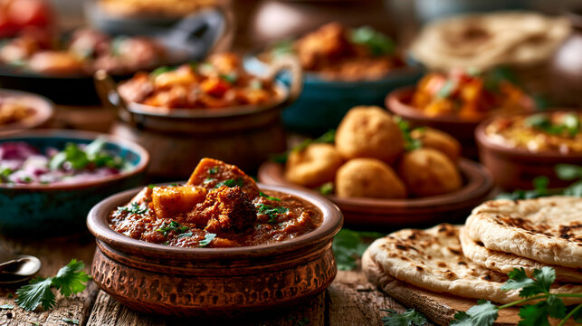 Traditional indian dinner spread with bowls of curry and fresh naan bread, traditional