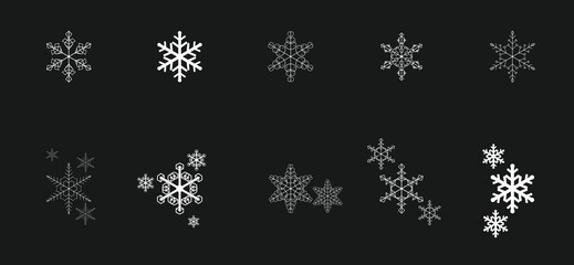 Minimalist white snowflake icons vector collection set on dark background ideal for winter season holidays christmas greeting cards graphic elements © MdHamidul